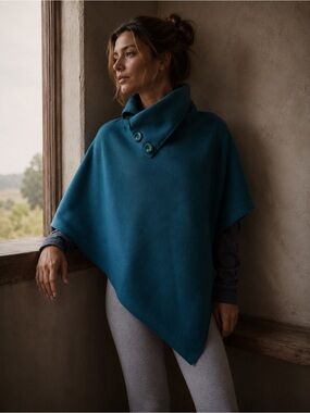 Vintage Turquoise Blue Italian-Made Button High Collar Boho Cape Poncho
